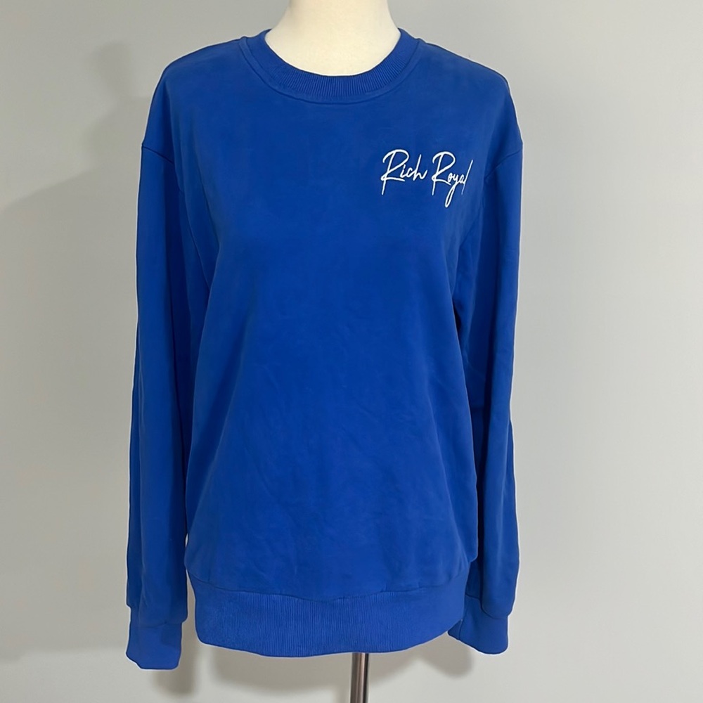 Rich Royal blue crewneck sweater with white embroidery sz S